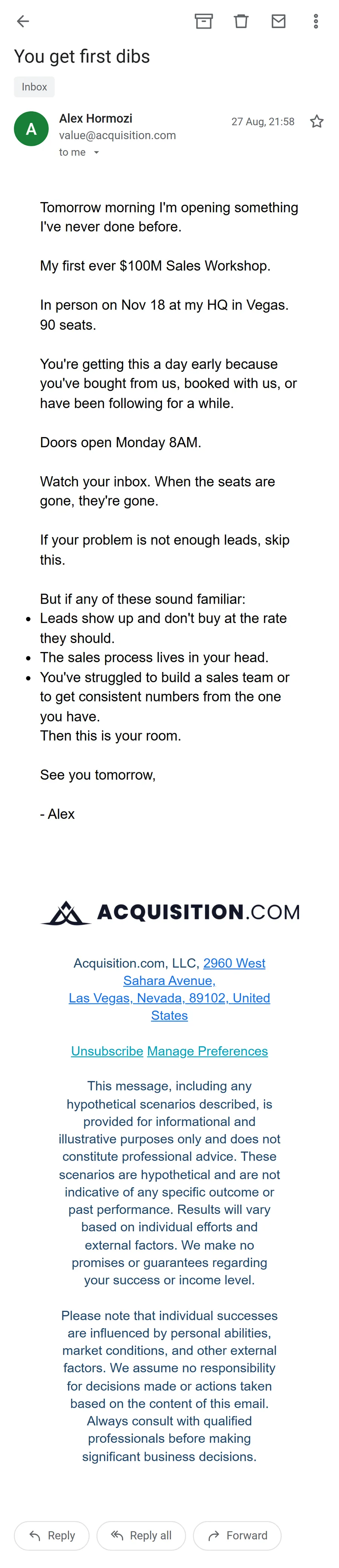 Acquisition.com — The workshop sequence — 8 emails in 19 days (screen 3)
