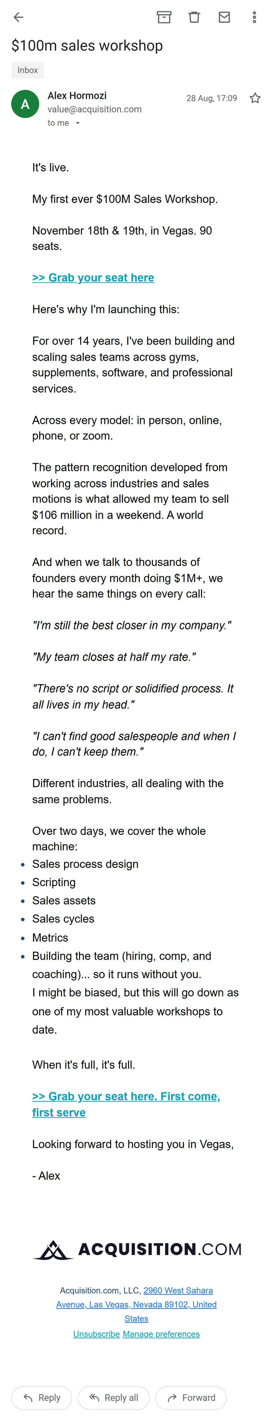 Acquisition.com — The workshop sequence — 8 emails in 19 days (screen 5)