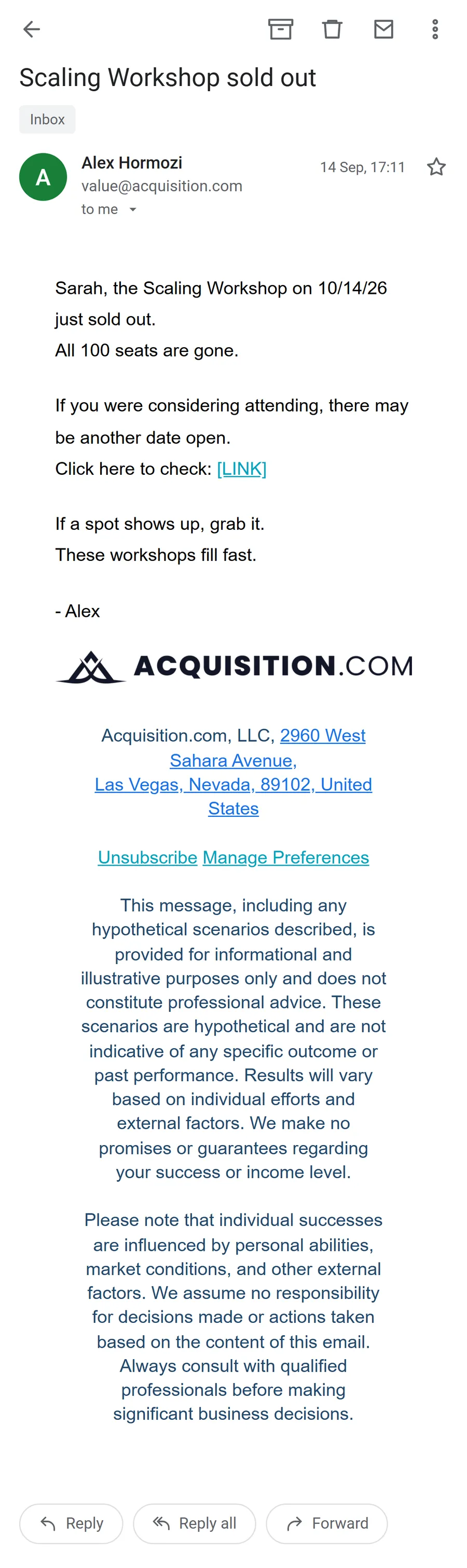 Acquisition.com — The workshop sequence — 8 emails in 19 days (screen 8)