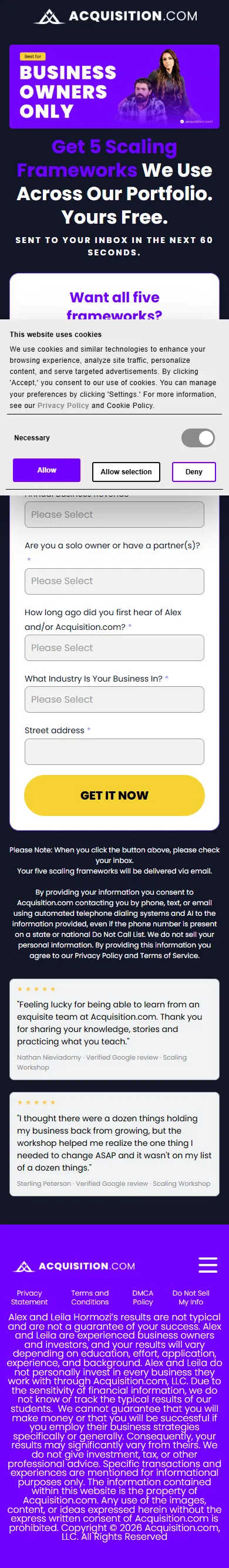 Acquisition.com — "5 Scaling Frameworks" lead form (mobile)