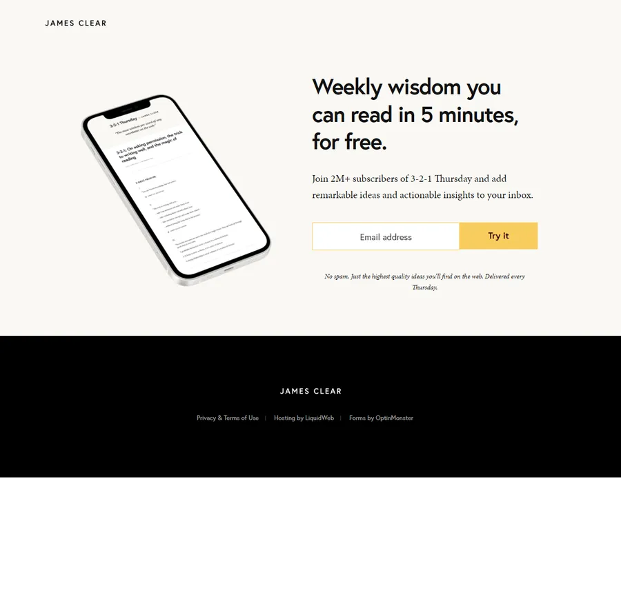 James Clear — Newsletter opt-in (mobile)
