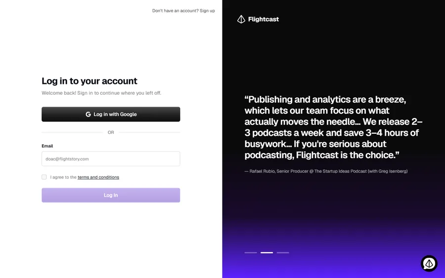 Flightcast — /pricing goes to a login screen (mobile)