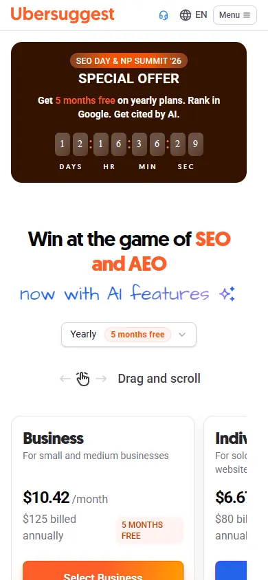 Ubersuggest — Plans & Pricing (mobile)