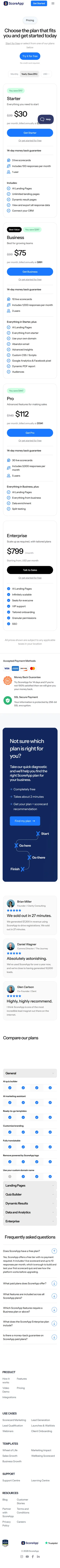ScoreApp — Pricing, with "Find my plan"