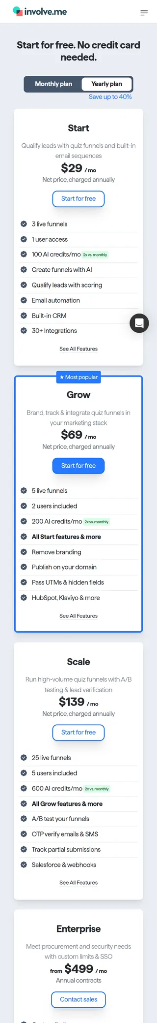 involve.me — Pricing (Start $29 · Grow $69 · Scale $139 · Enterprise from $499)