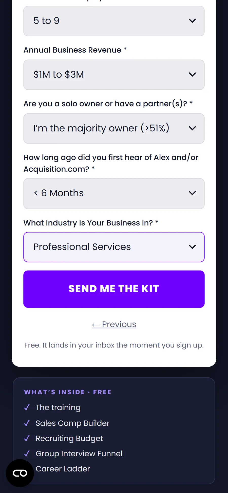 Acquisition.com — Four-screen kit form (screen 5)