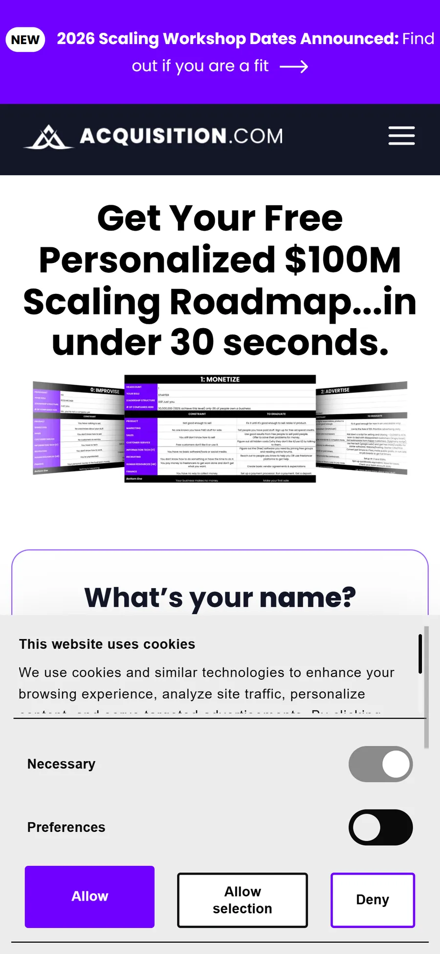 Acquisition.com — Personalised-roadmap quiz (six screens) (screen 1)