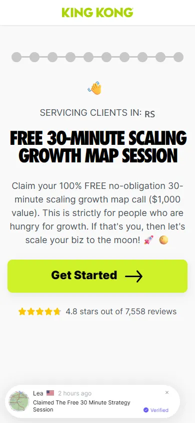 King Kong — "Free 30-Minute Scaling Growth Map Session" (screen 1)