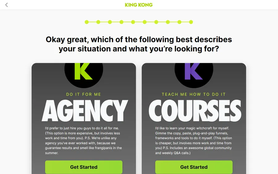 King Kong — "DO IT FOR ME" (Agency) vs "TEACH ME HOW TO DO IT" (Courses) (mobile)