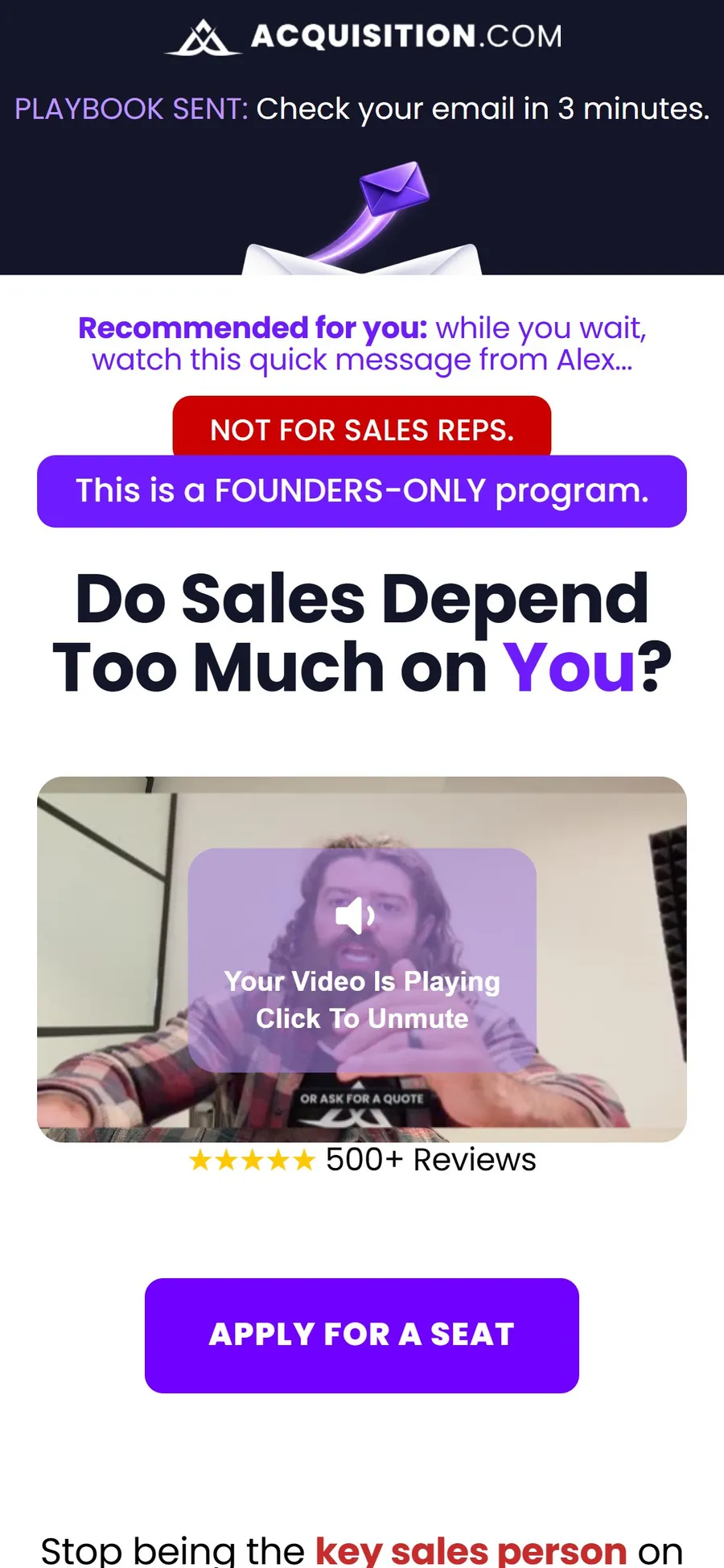 Acquisition.com — "Founders-only" thank-you with booking (mobile)