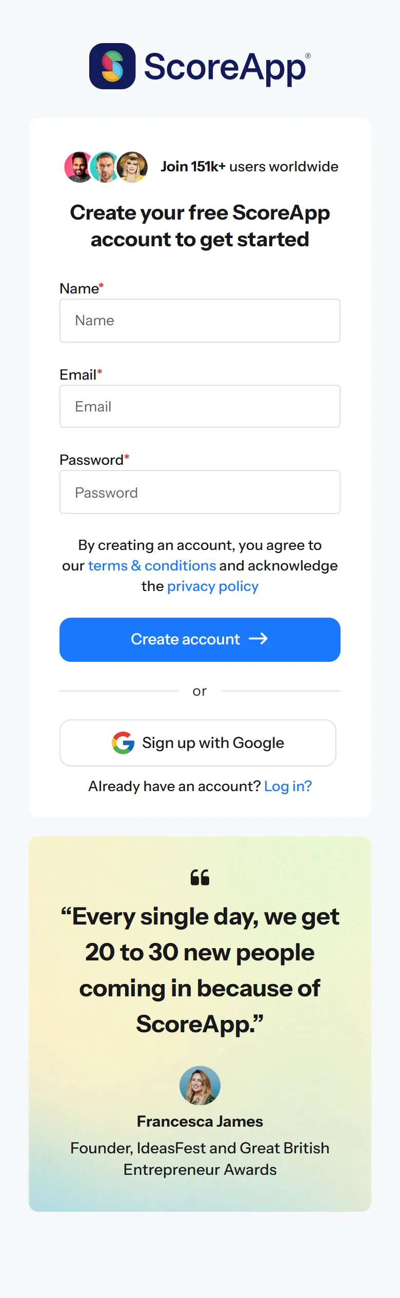 ScoreApp — "Create your free ScoreApp account to get started" (mobile)