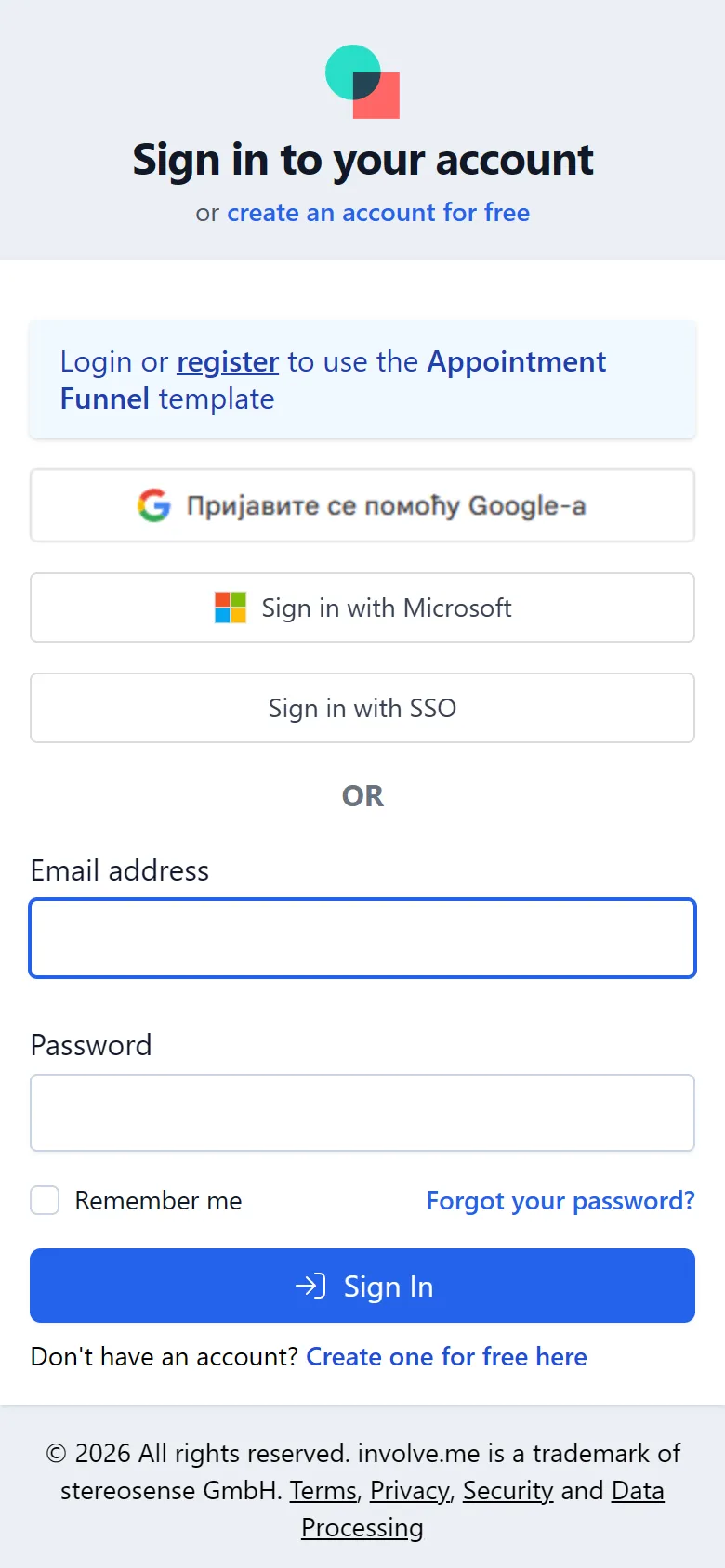 involve.me — Log-in page ("Login or register to use the Appointment Funnel template") (screen 1)