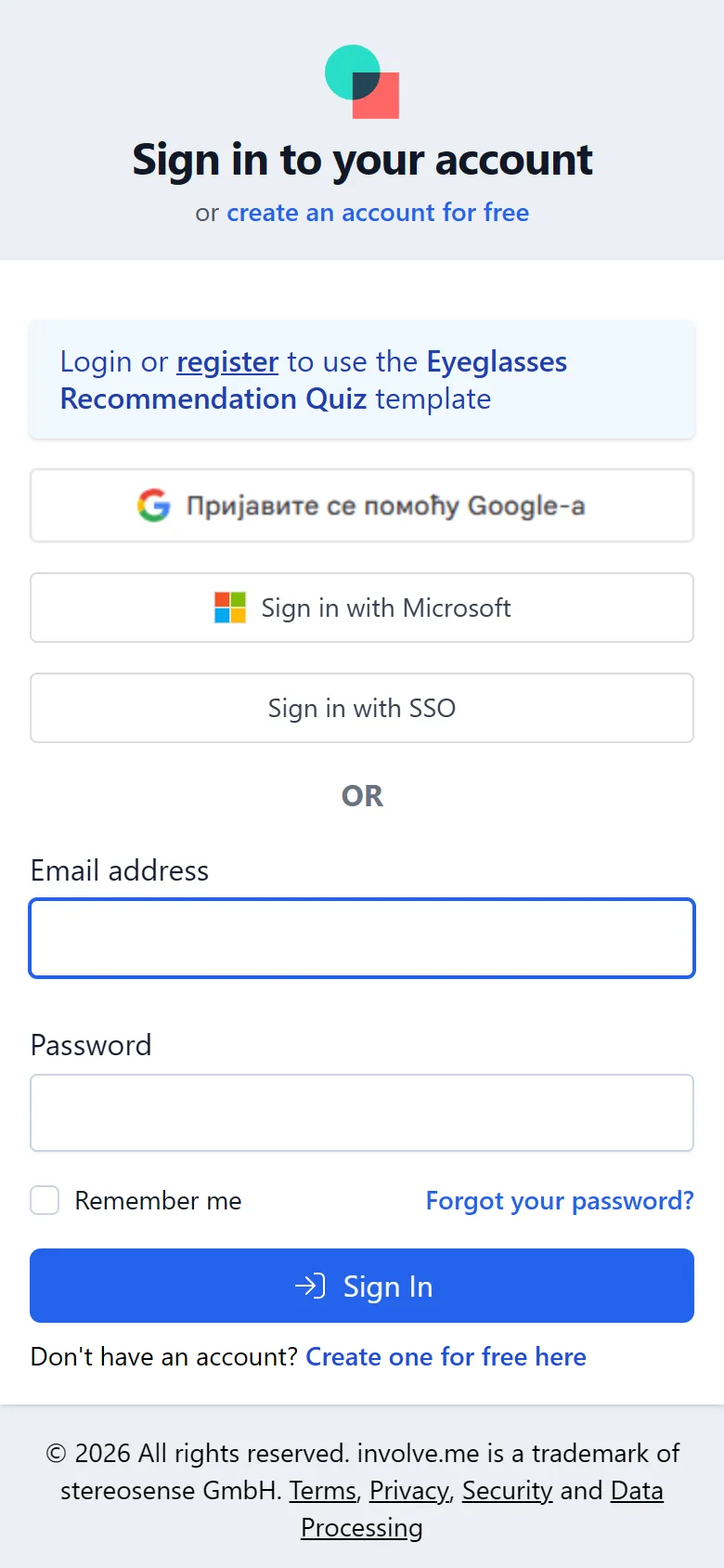 involve.me — Log-in page ("Login or register to use the Appointment Funnel template") (screen 2)