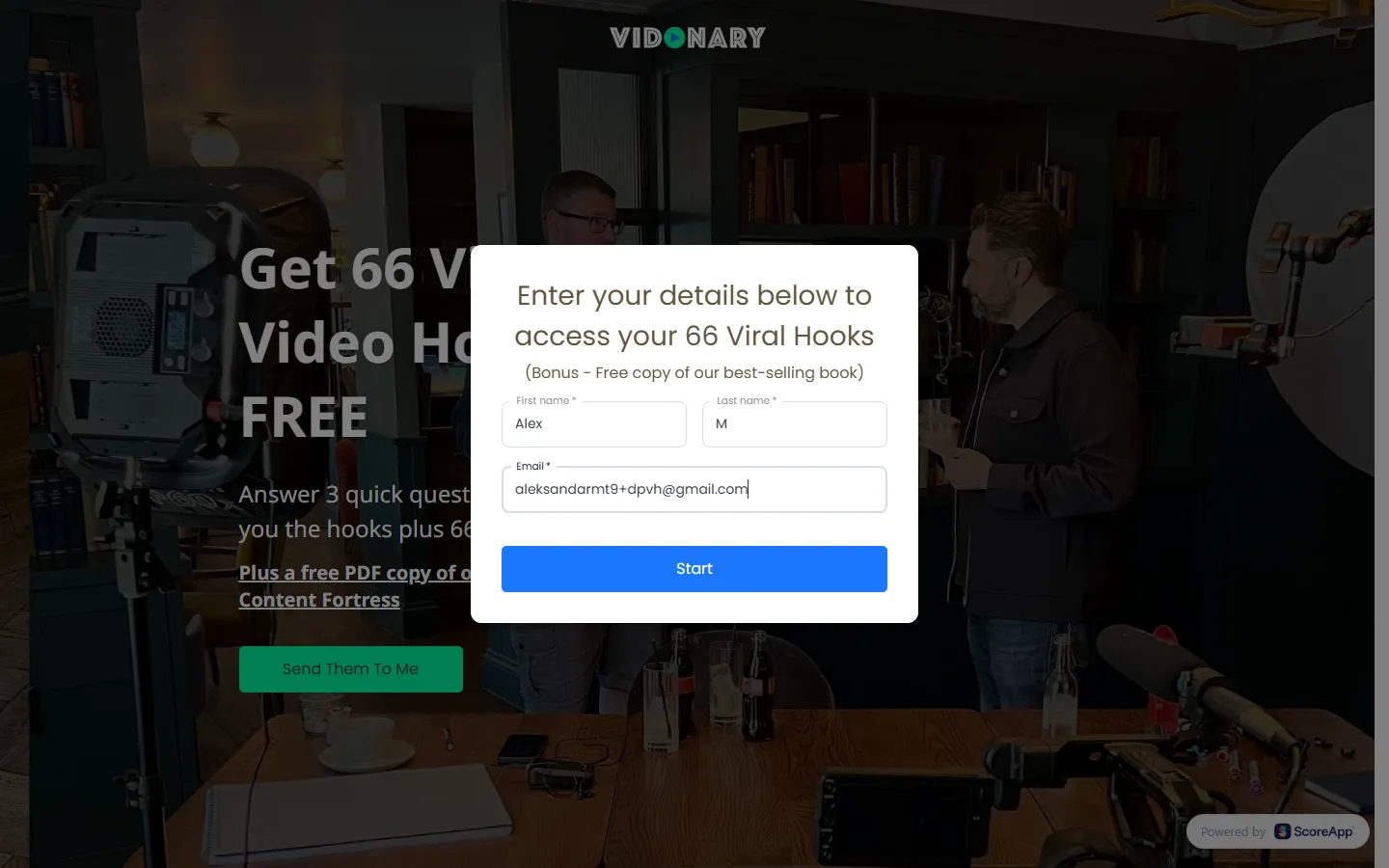 Vidonary — Email, then three questions (screen 1)