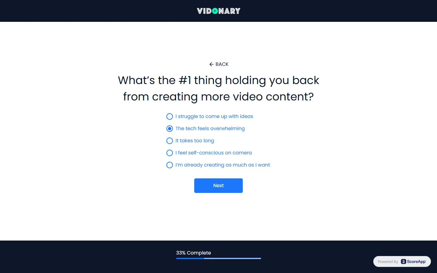 Vidonary — Email, then three questions (screen 3)