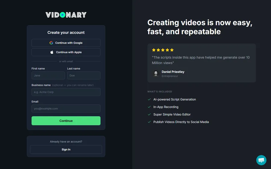 Vidonary — Create your account (mobile)